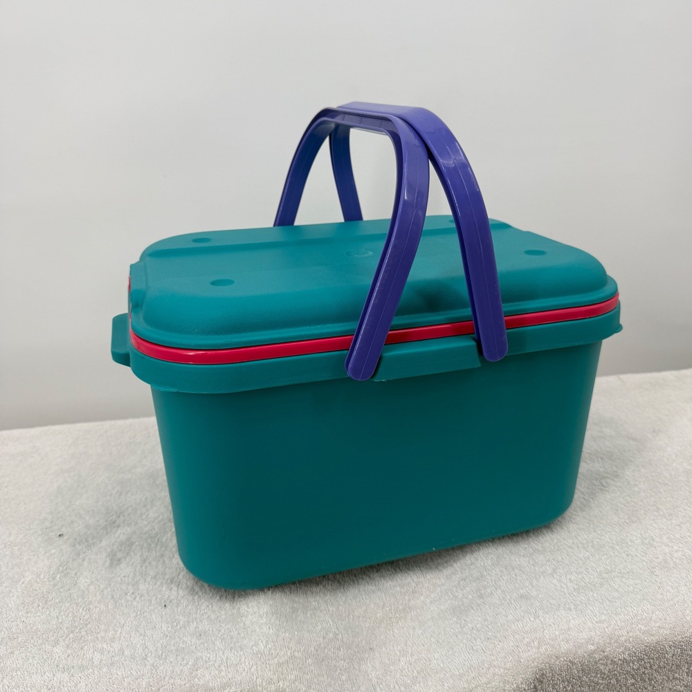 Vtg Eagle Craftstor Sewing Craft Storage Organizer Tote Bin Teal Purple Pink USA
